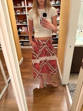 Women's Red Patterned Boho Midi Skirt